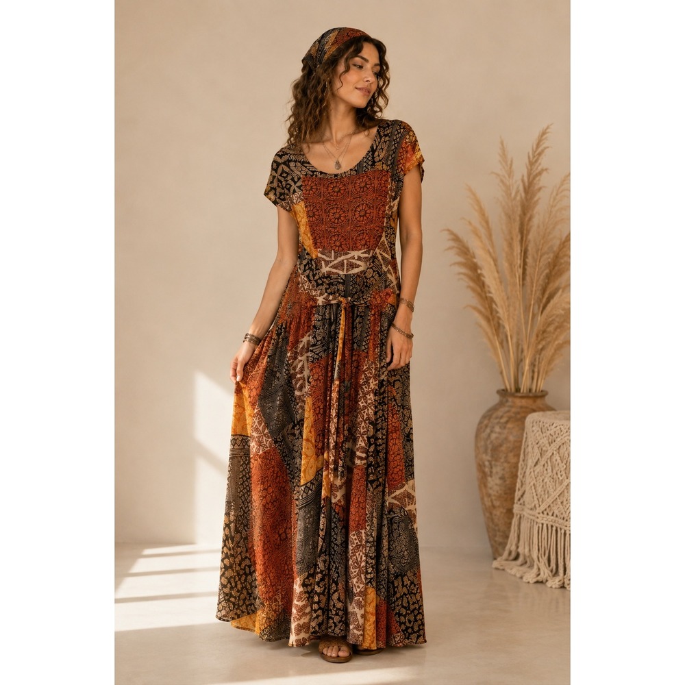 Robbie Bee Faux Wrap Midi Dress Womens Medium Patchwork Orange Black Hippie Boho